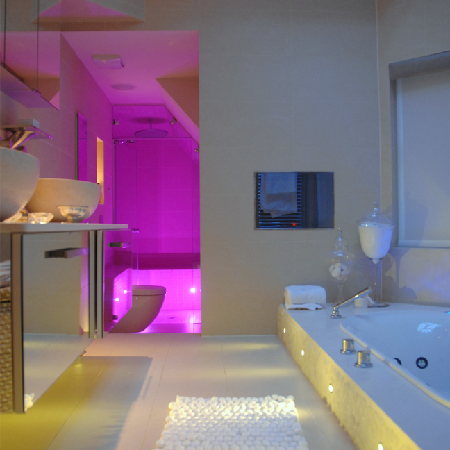 Colour changing RGB LED bathroom lighting
