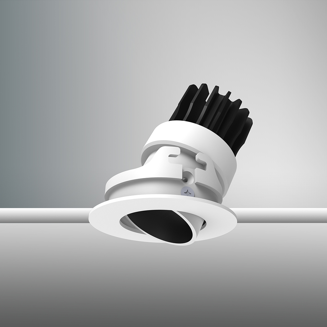 DLD Atlas Mini Recessed Adjustable Downlight, white with black baffle, installed on white with TrueColour CRI98 logo alternative image