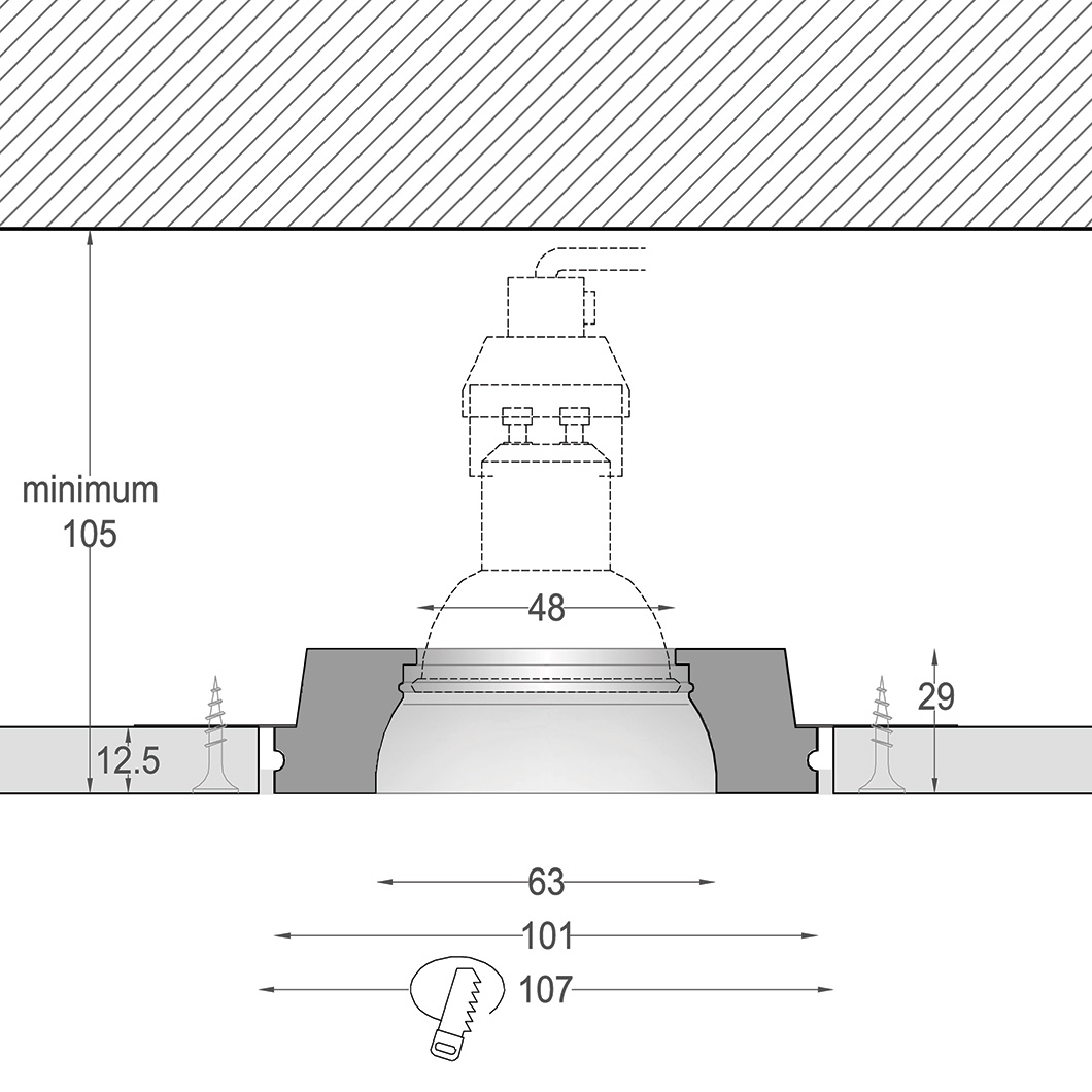 Cross section dimensions drawing of Nama Fos 16 Round Plaster In Downlight