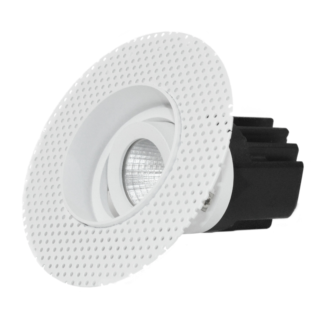 Three quarter view of DLD Eiger Mini 1-R LED round adjustable downlight with plaster-in frame on white background