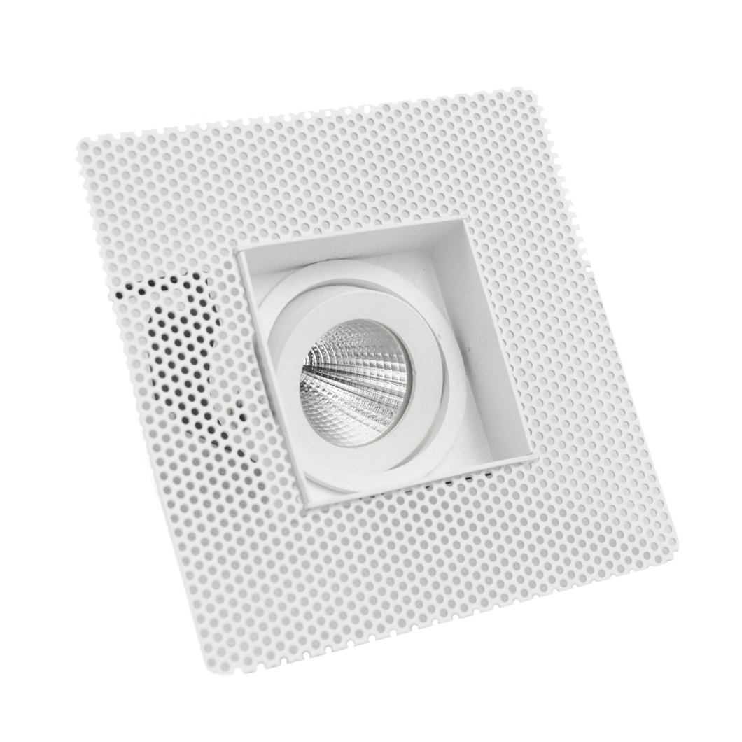 Off-centre view of DLD Eiger Mini 1-S LED square adjustable downlight with plaster-in frame on white background