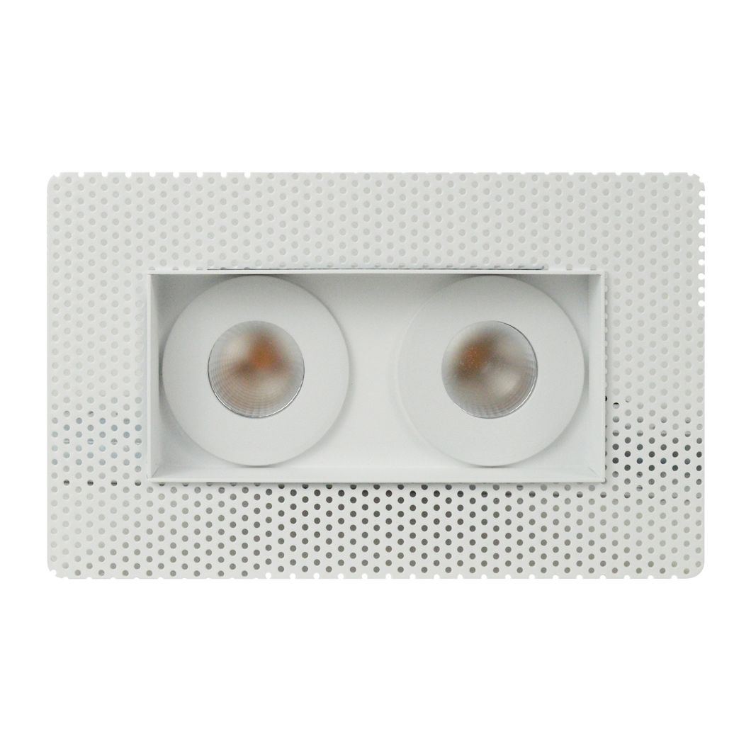 Front on view of DLD Eiger Mini 2 twin LED IP65 downlight with plaster-in frame on white background