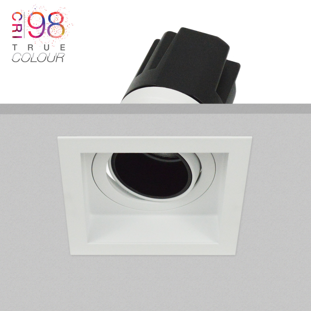 DLD Andes 1 Square Adjustable Recessed Downlight, installed in a white ceiling, with TrueColour CRI98 logo alternative image