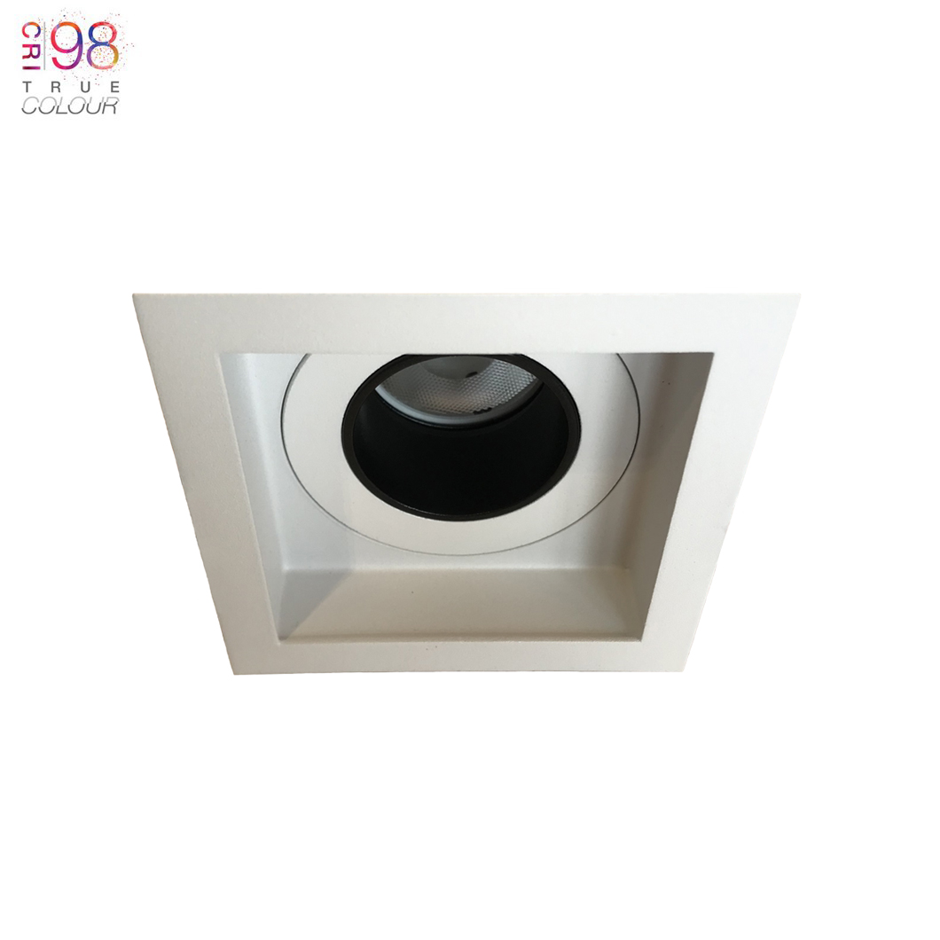 DLD Andes 1 Square Fixed Recessed Downlight, installed in a white ceiling, with TrueColour CRI98 logo alternative image