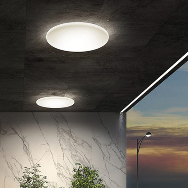 Outdoor Ceiling Lights: Exterior LED ceiling lights in a contemporary property at dusk