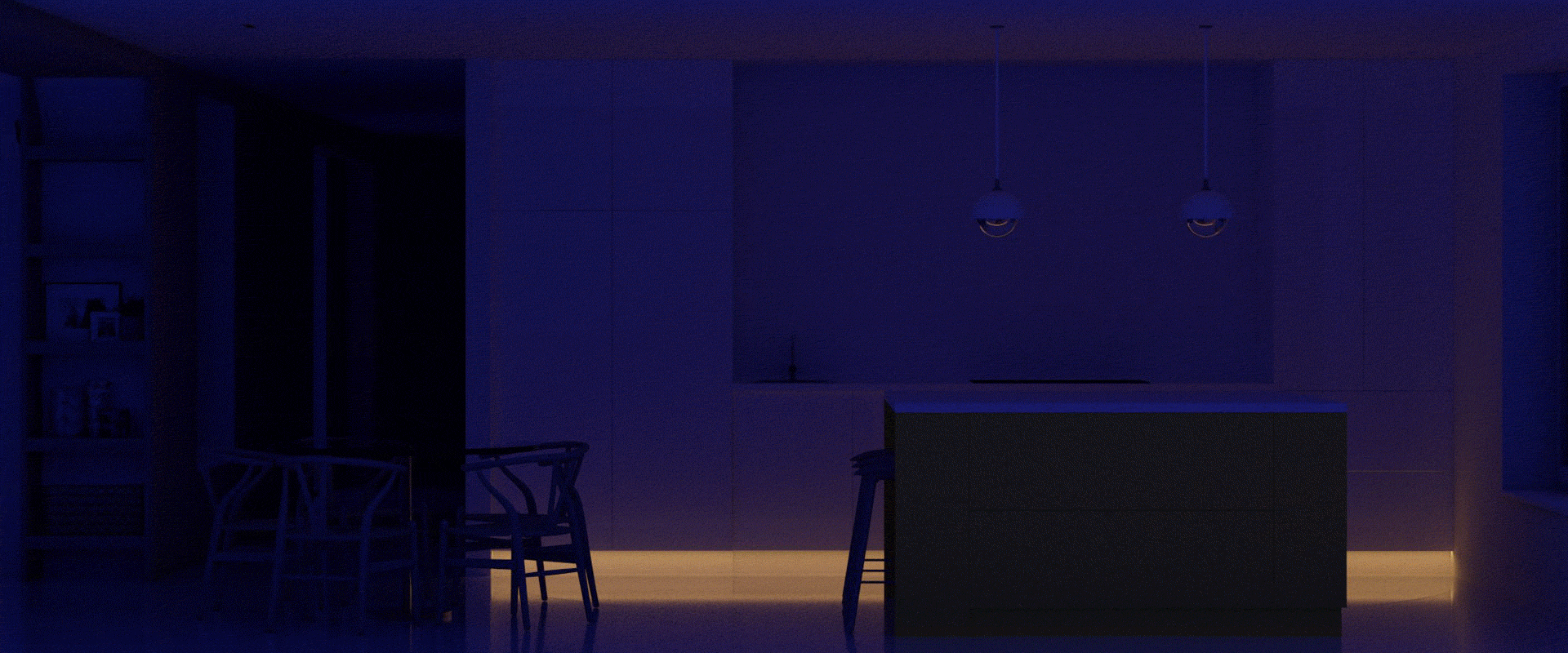 Interactive Lighting Simulator: Animated gif showing the various lighting scenes in a modern open plan kitchen dining room