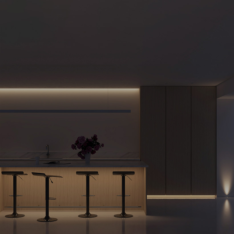 Interactive Lighting Design: contemporary kitchen, ceiling linear lighting, breakfast bar light & floor uplight on
