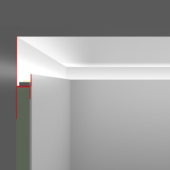 CGI cross-section of LEDProfilelement SNL metal profile, creating an uplighting or downlighting shadow gap with he ceiling or floor 