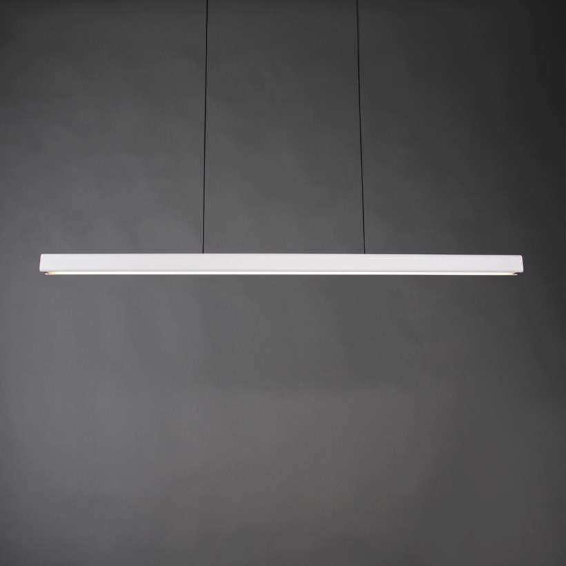 Image of the white and beech finished Mumu 120 pendant, lighting and suspended over a dark grey background.