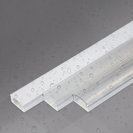 Outdoor aluminium linear profile for LED tape with opaque, frosted and clear diffuser, covered in water droplets