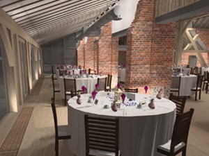 Close up 3D render of a lighting plan, low view from inside the extension showing the lighting effects in a restaurant dining space in a converted barn, by Darklight Design