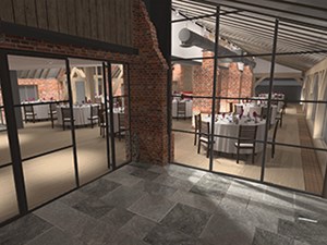 3D render of a lighting plan, showing the view from outside of the lighting effects in a restaurant dining space in a converted barn, by Darklight Design