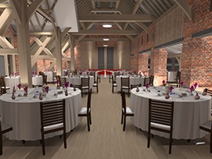 3D render of a lighting plan, low view showing the lighting effects in a restaurant dining space in a converted barn, by Darklight Design