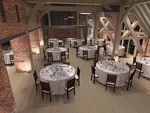 3D render of a lighting plan, showing the lighting effects in a restaurant dining space in a converted barn, by Darklight Design