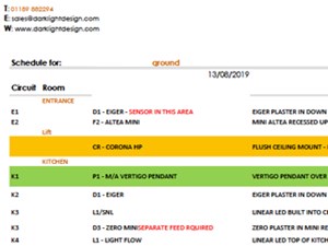 Close up of a Darklight Design Lighting Schedule spreadsheet, highlighting light fittings to be supplied