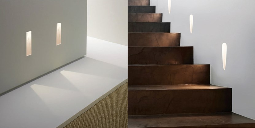 Nama Modular Fos14 and Fos15 Recessed Wall Lights plastered in and washing light on the floor and wooden stairs