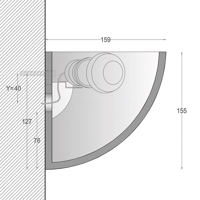 Cross section dimension drawing of Nama Sfera 01 bowl shaped wall up light