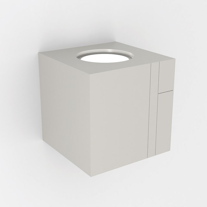 Nama Mondi Up Cube Wall Light installed & switched on white background