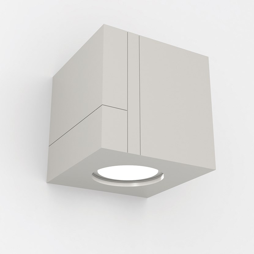Nama Mondi Down Cube Wall Light installed & switched on white background