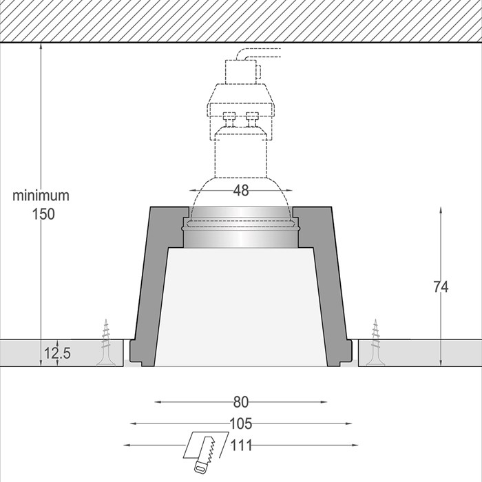 Dimensions drawing of the cross section of Nama Fos 07 Square Plaster In Downlight