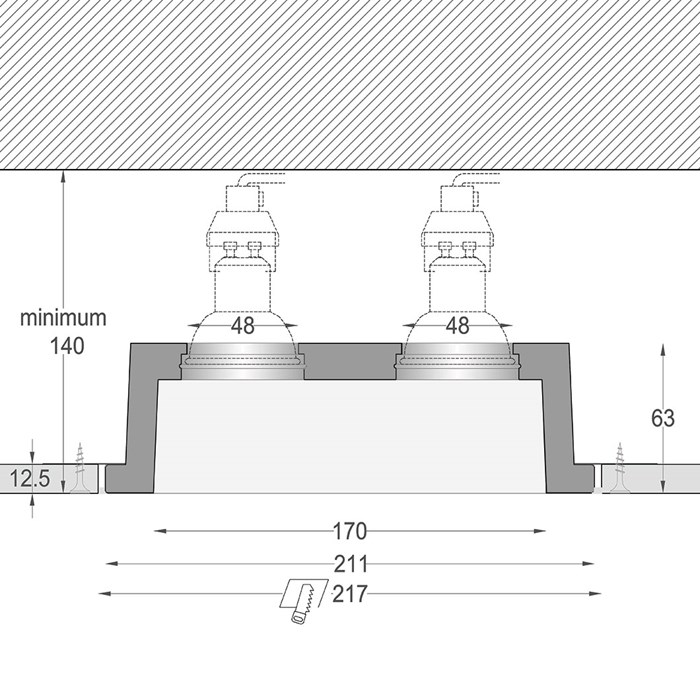 Cross section dimensions drawing of Nama Fos 09 Twin Plaster In Downlight