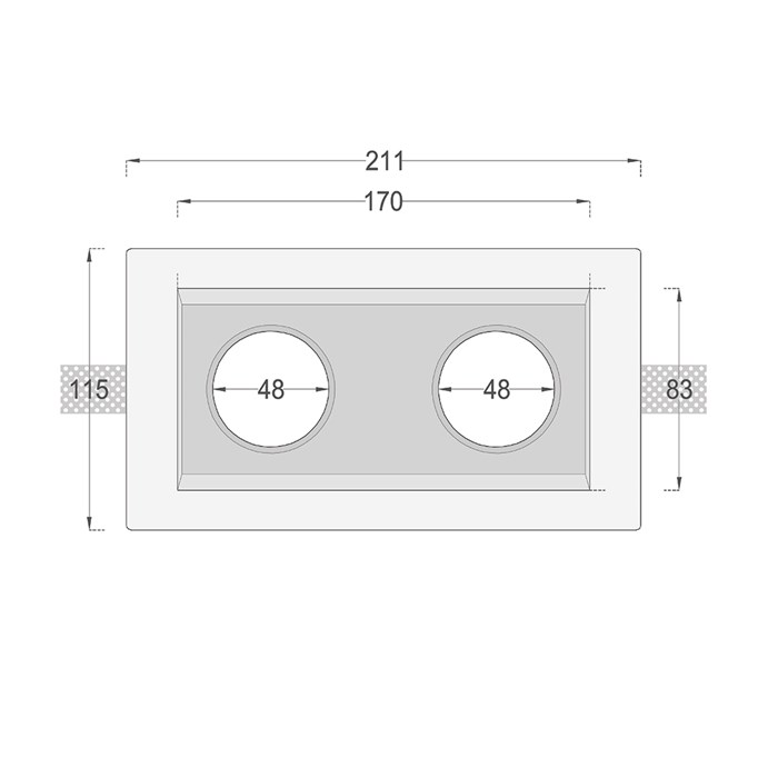 Dimensions drawing front elevation of Nama Fos 09 Twin Plaster In Downlight
