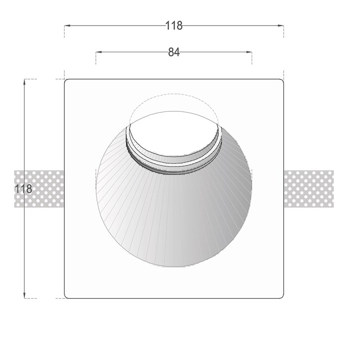 Dimensions drawing front elevation of Nama Fos 10 Round Plaster In Wall Washer Downlight