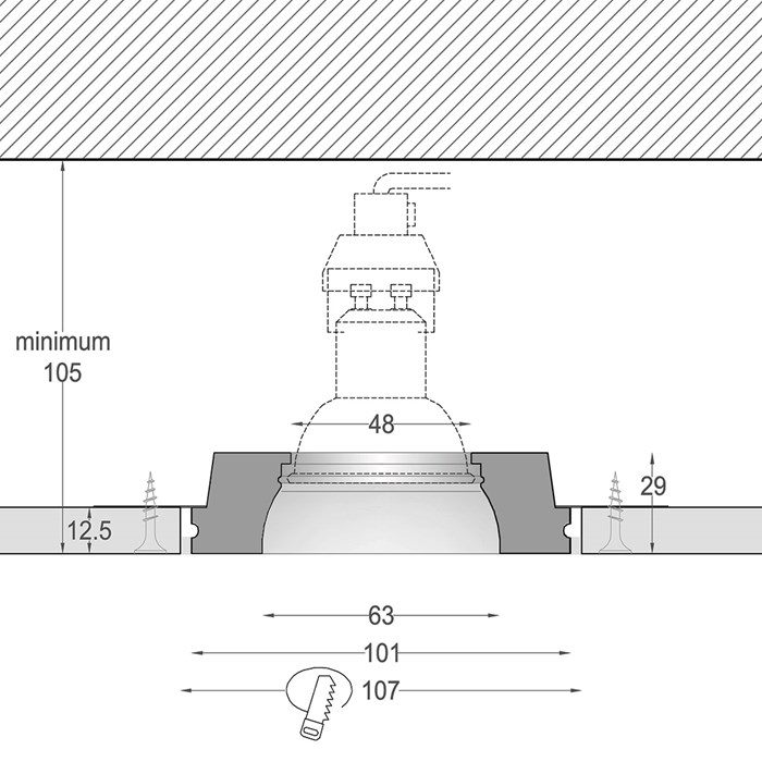 Cross section dimensions drawing of Nama Fos 16 Round Plaster In Downlight