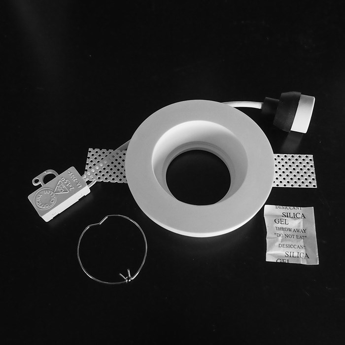 Component frame, lamp holder and fixings of the Nama Fos 16 Round Plaster In Downlight on black background