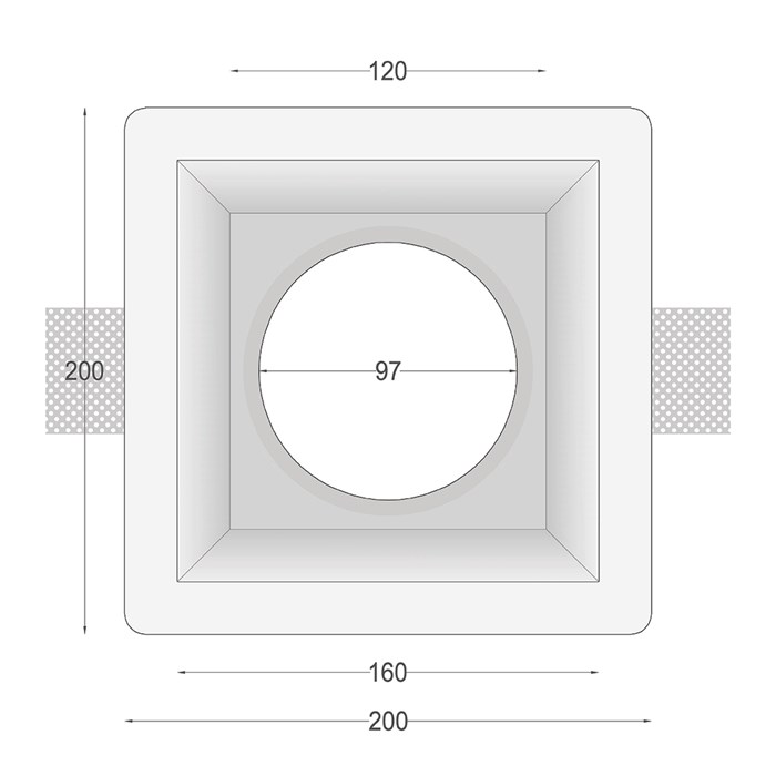 Dimensions drawing front elevation of Nama Fos 18 Square Plaster In Downlight