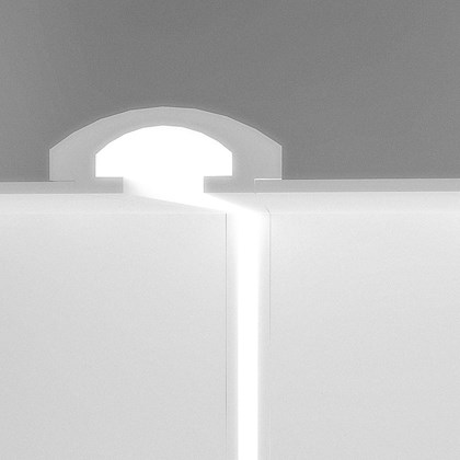 CGI cross section of Eleni EL112 recessed plaster in coving installed into the ceiling and wall with the LEDs on