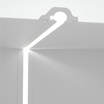 CGI cross section of Eleni EL119 recessed plaster in coving installed into the ceiling and wall with the LED switched on