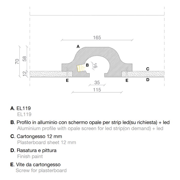 Dimensions drawing of Eleni EL119 recessed plaster in coving with annotations