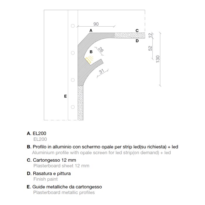 Dimensions drawing of Eleni EL200 recessed plaster in coving with annotations