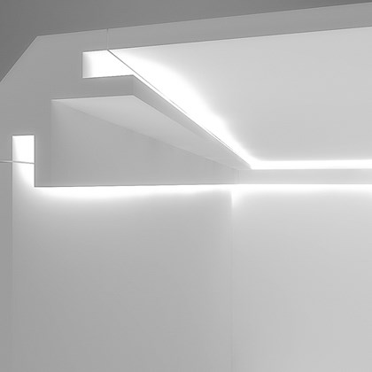 CGI cross section of Eleni EL203 recessed plaster in cornice LED lighting installed into the ceiling and wall with the LED switched on