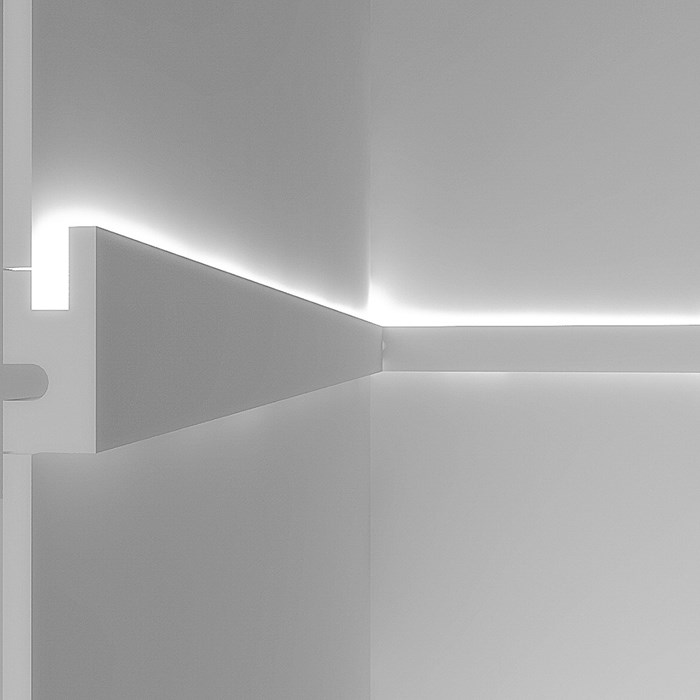 CGI cross section of Eleni EL301 linear profile cornice installed on the wall with the LED on