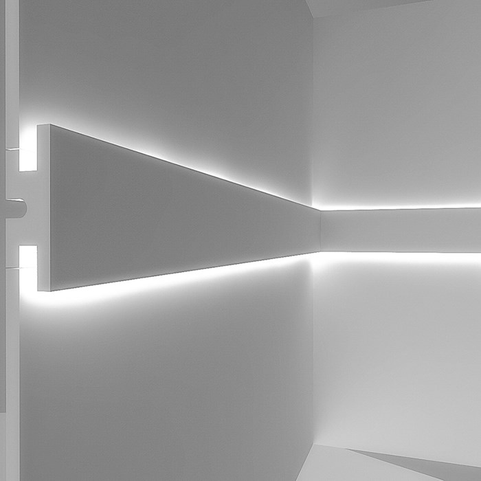 CGI cross section of Eleni EL302 linear profile cornice installed on the wall with up & down LEDs on
