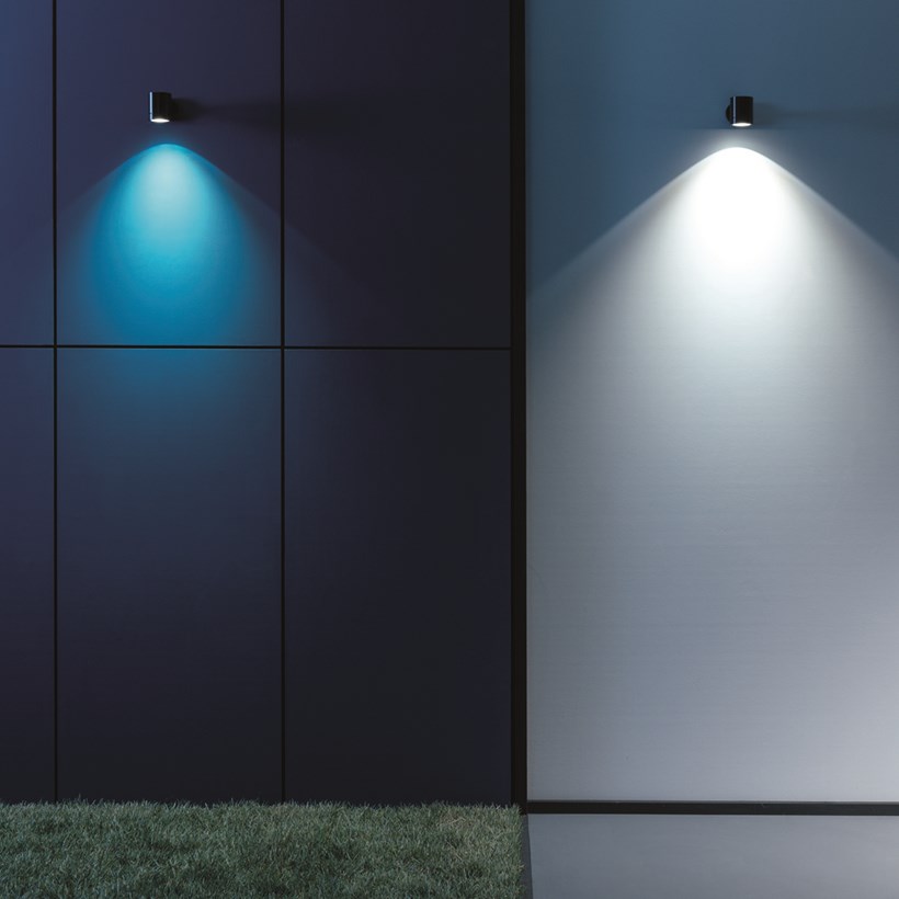 2 Flexalighting Keller Single Emission Wall lights shown in a lifestyle image, lighting and outdoor area.