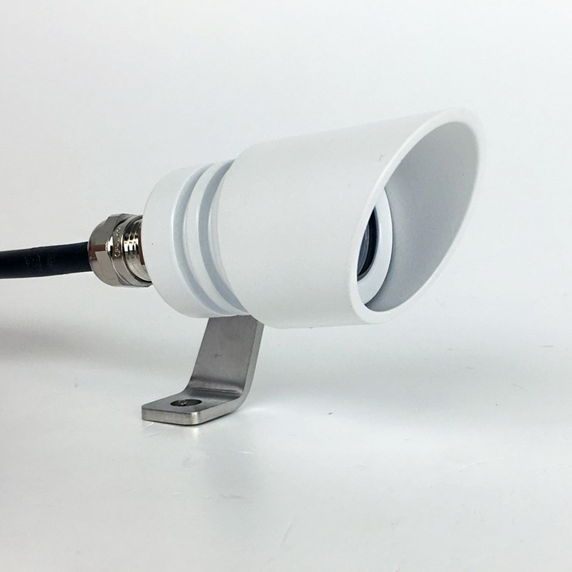 LLD's Point S outdoor spot light in white with a glare guard.