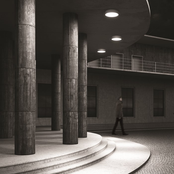 A black and white moodshot showcasing the DLD Curve ceiling light, with 3 installed around the entrance of a building and illuminating the steps.