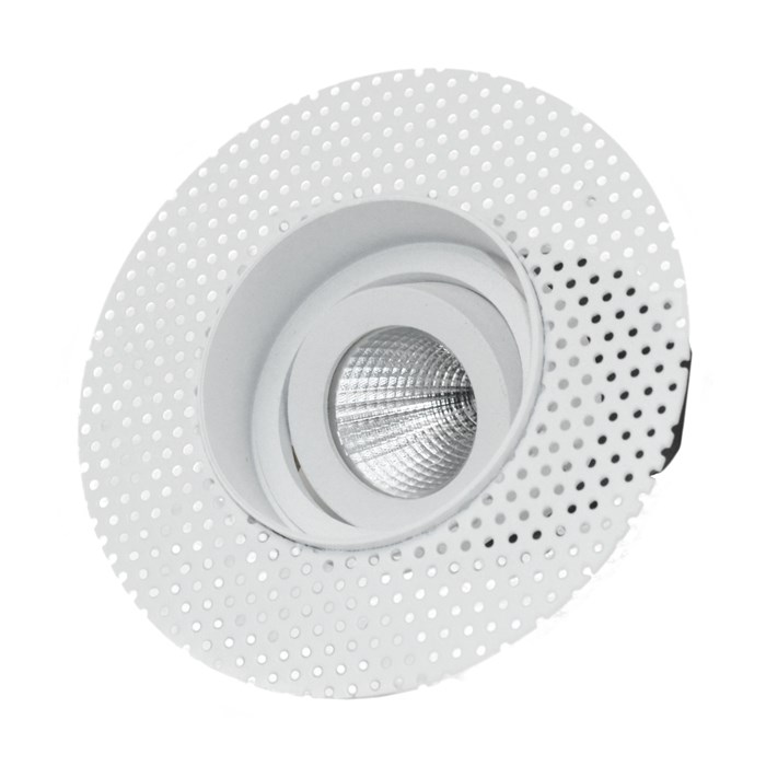 Face on view of DLD Eiger Mini 1-R LED round adjustable downlight with plaster-in frame on white background