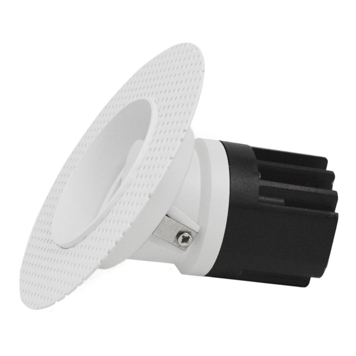 Side elevation of DLD Eiger Mini 1-R LED round adjustable downlight with plaster-in frame on white background