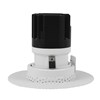 Side view of straight DLD Eiger Mini 1-R LED round adjustable downlight with plaster-in frame on white background
