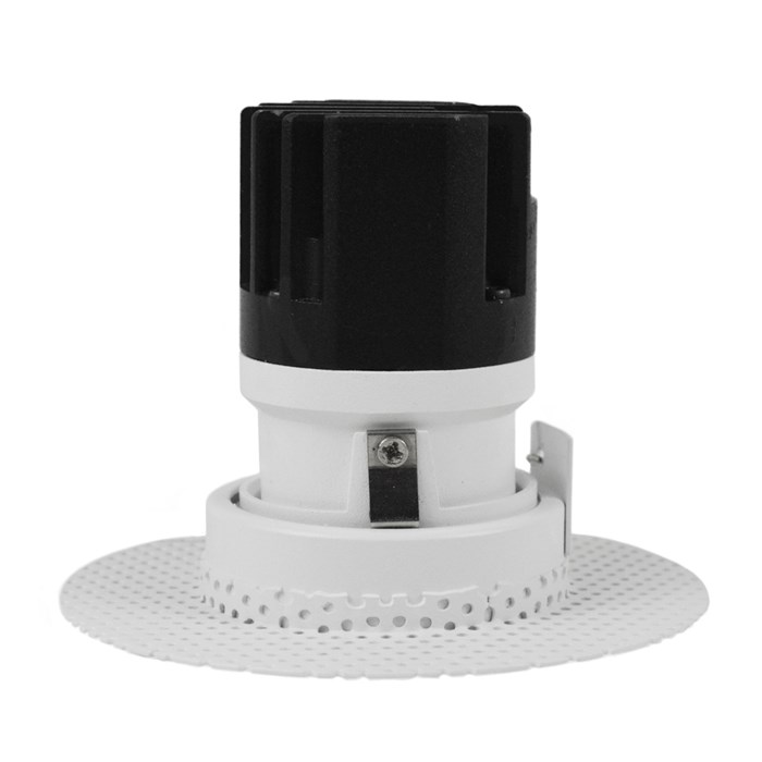 Side view of straight DLD Eiger Mini 1-R LED round adjustable downlight with plaster-in frame on white background