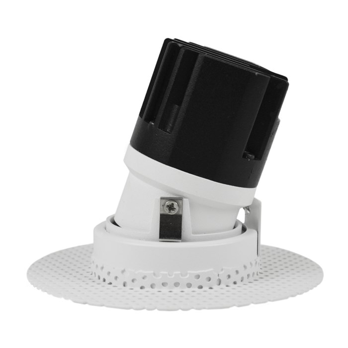 Side view of tilted DLD Eiger Mini 1-R LED round adjustable downlight with plaster-in frame on white background