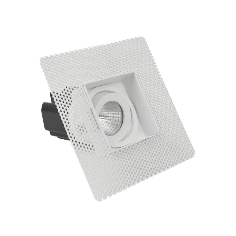Three quarter view of DLD Eiger Mini 1-S LED square adjustable downlight with plaster-in frame on white background