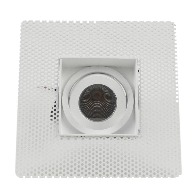 Straight on view of DLD Eiger Mini 1-S LED square adjustable downlight with plaster-in frame on white background