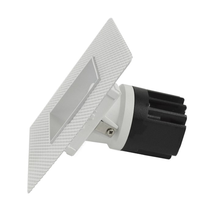 Side view of DLD Eiger Mini 1-S LED square adjustable downlight with plaster-in frame on white background