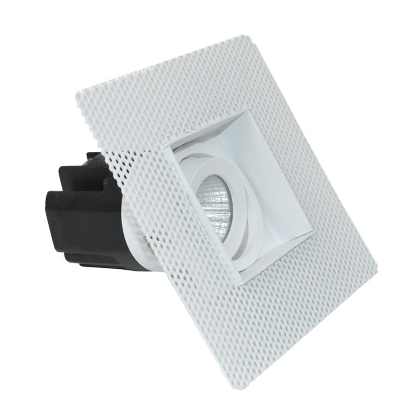 Three quarter view of DLD Eiger Mini 1-S LED square adjustable downlight with plaster-in frame on white background