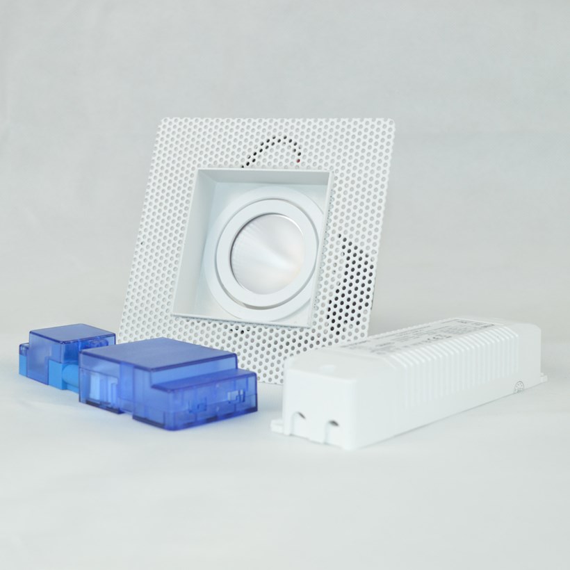 DLD Eiger Mini True Colour CRI98 LED downlight with plaster-in frame, driver & blue electrical connector on grey background